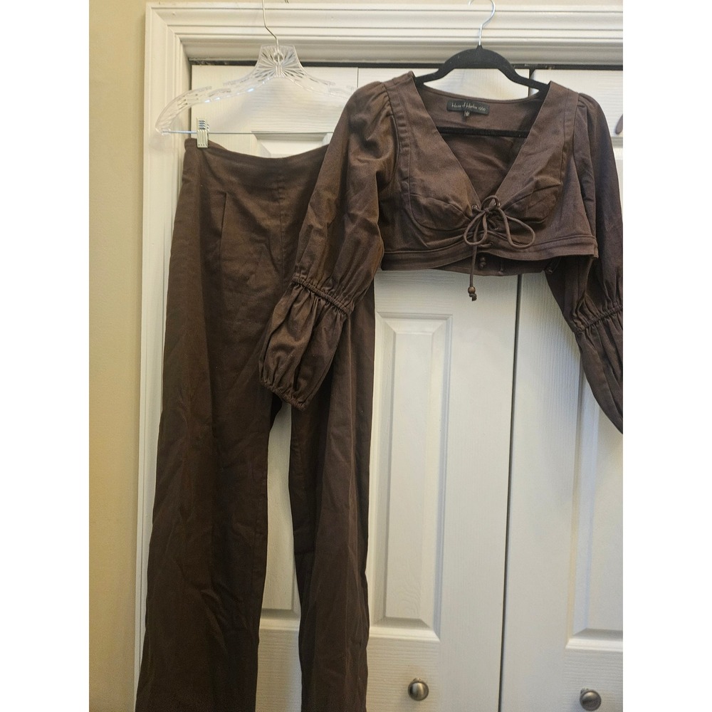 House of Harlow 1960 Brown 2 Piece Set Crop Top Wide Leg Pants Small Boho